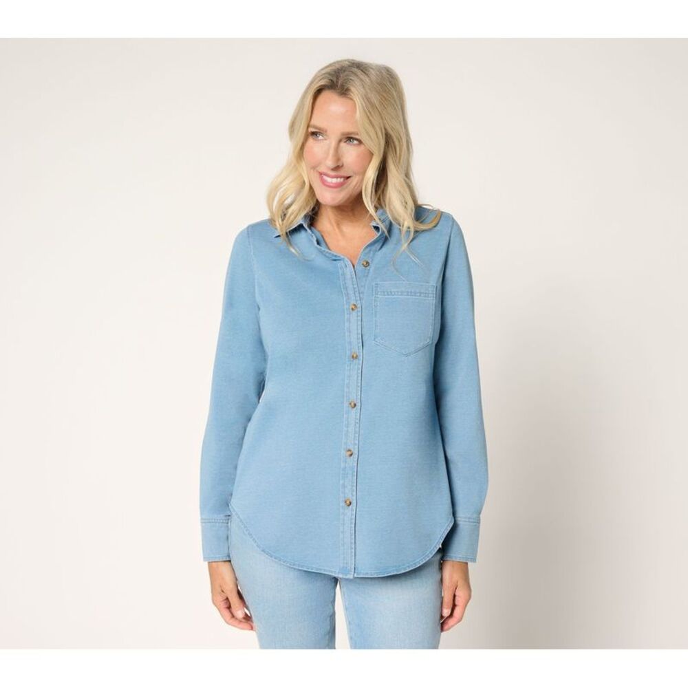 Ree by The Pioneer Woman Women's Top Sz M Pier Knit Denim Button Blue A702644